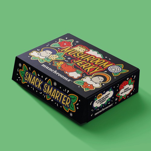 Cartoon packaging with the title 'Magically Satisfying 🍄❤️'