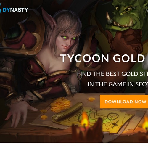 Wow design with the title 'Landing page and illustrations for Tycoon, World of Warcraft Gold Addon'