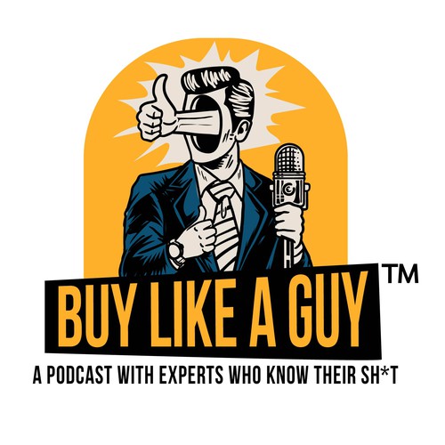 Pop art logo with the title 'Buy Like a Guy podcast cover and logo'
