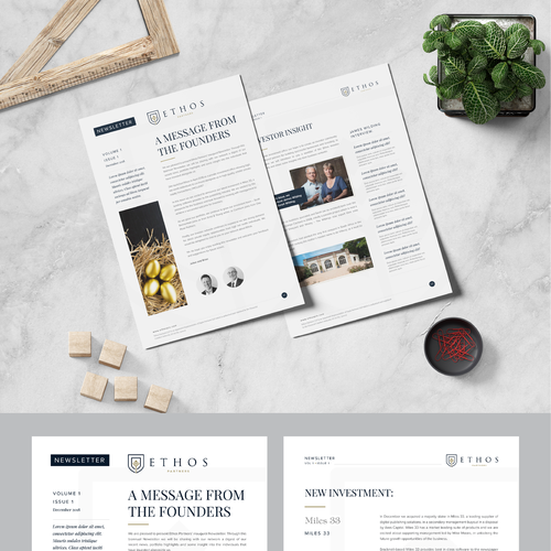 White paper design with the title 'Ethos Partners corporate newsletter'