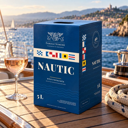 Nautical design with the title 'Bag-in-box wine packaging — NAUTIC Marinière'