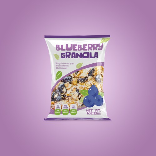 Granola packaging with the title 'Blueberry granola'