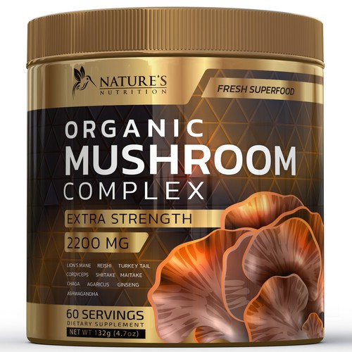 Canister design with the title 'Label design for organic mushroom complex'