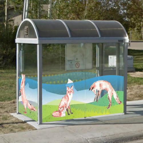 Fox illustration with the title 'Design a summer graphic wrap for bus shelters in Northern Alberta! '