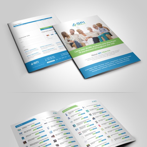 Product catalog design with the title 'Design a 4 Page Mailer for GPI Health'