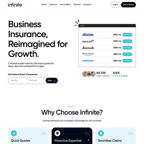 Insurance website with the title 'B2B Fintech Insurance Landing Page for Instant Quote Comparisons'