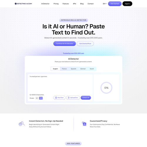 Artificial intelligence website with the title 'Detecting-AI.com'