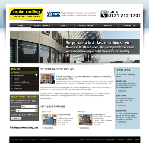 Property website with the title 'Chartered surveyors & commercial property, home page redesign, design only'