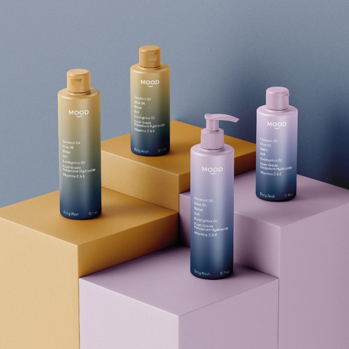 Gradient packaging with the title 'MOOD - Body Wash'