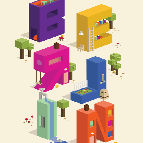 Isometric artwork with the title 'Poster for 99 Design'