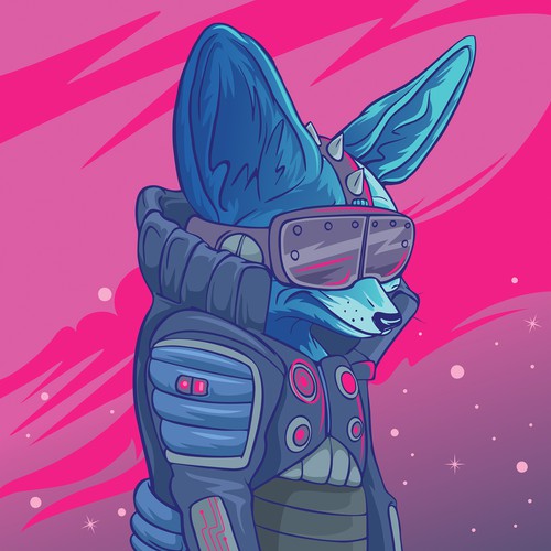 Cyberpunk design with the title 'NFT Art drop Cartoon/animated/digital Fox Space/Tech theme.'