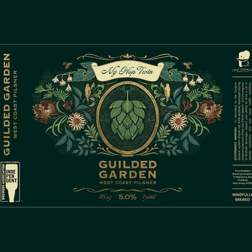 Flower label with the title 'Illustration and design for a craft beer “Guilded Garden”'