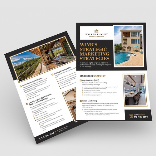 Business flyer design with the title 'Marketing One Sheet for Luxury Vacation Rental Homeowners'