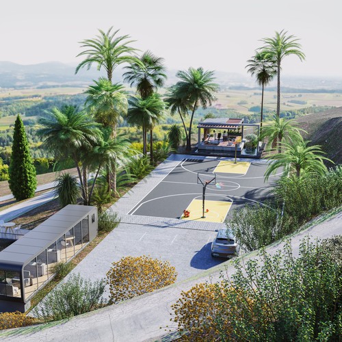 Exterior design with the title '3d render for a sport court area'