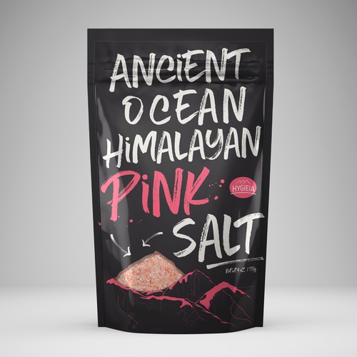 Bold packaging with the title 'ancient ocean himalayan pink salt'