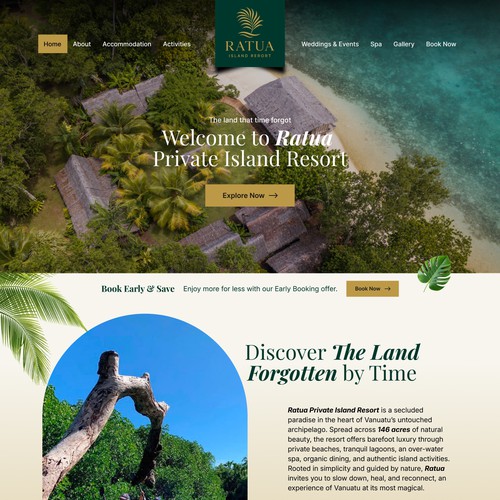 Hotel website with the title 'Ratua Private Island Resort is a luxury eco-resort in Vanuatu. '