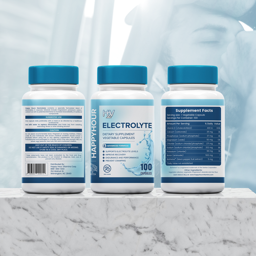 Aesthetic packaging with the title 'Electrolyte supplement label'