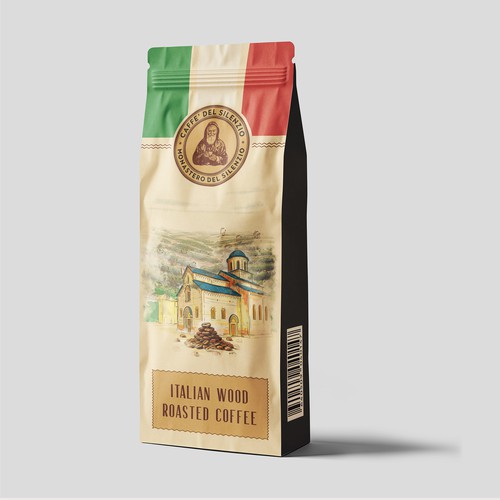 Classic packaging with the title 'Monastero del Silenzio - Coffee Bag'