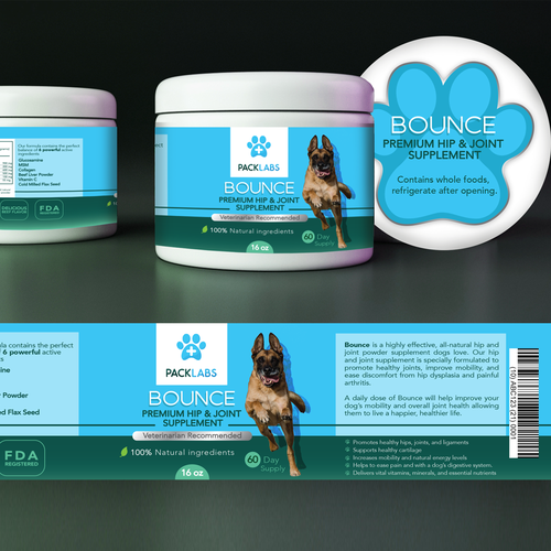 Pet label with the title 'Label Design- Dog supplement'