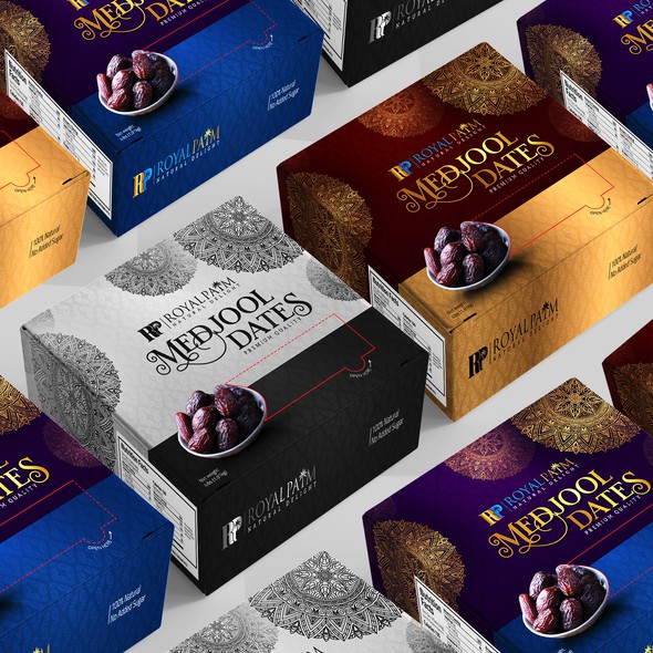 Royal design with the title 'Luxury Medjool Dates Box Packaging design'