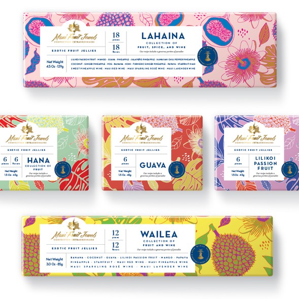 Bold packaging with the title 'Packaging design for exotic fruit jellies from Hawaii'