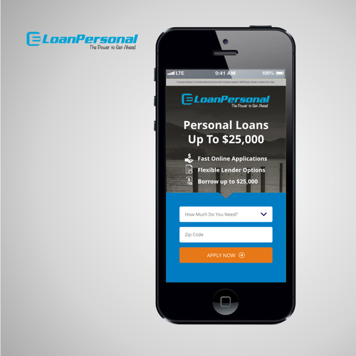 Blue and black design with the title 'MOBILE landing page for a loan website'