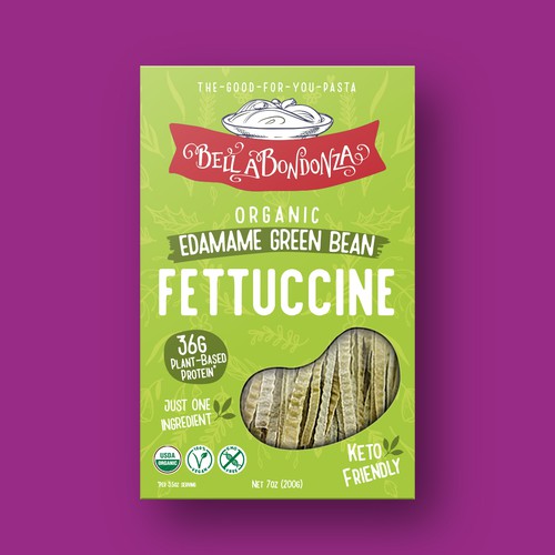 Pasta packaging with the title 'Box package design for Bean pasta'