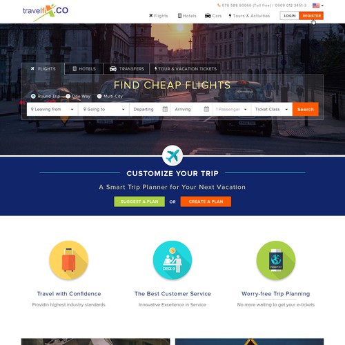 Flat website with the title 'Travelfix.con Web Design'