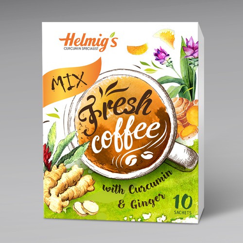 Hand-drawn packaging with the title 'FRESHCOFFEE'