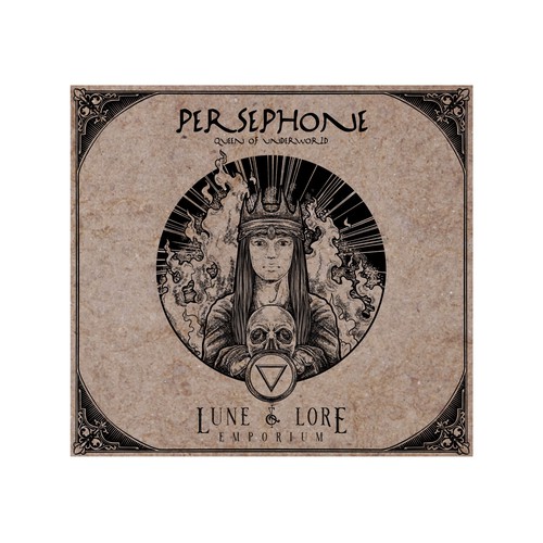 Black and white label with the title 'Persephone'