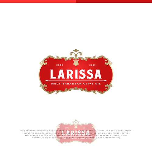 Olive oil design with the title 'Larissa'