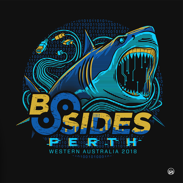 Shark t-shirt with the title 't-shirt for BSIDES PERTH'