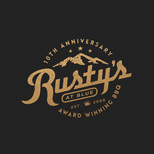 50 year anniversary logo with the title 'Rusty,s 10 th anniversary for award  winning BBQ'