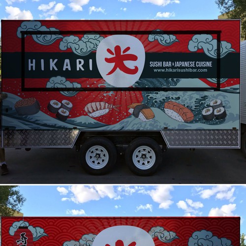 Food truck design with the title 'Hikari japanese sushi food truck'