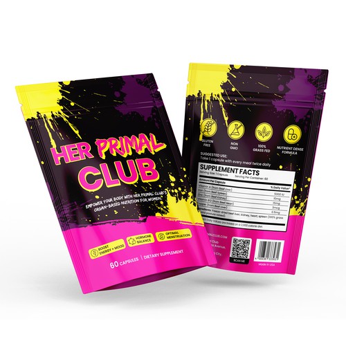 Stand-up pouch packaging with the title 'Vibrant Stand-Up Pouch Design for Her Primal Club Supplement'