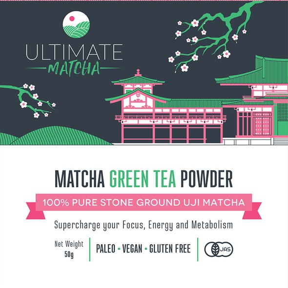 Sakura design with the title 'Matcha tea pouch packaging for Ultimate Matcha'