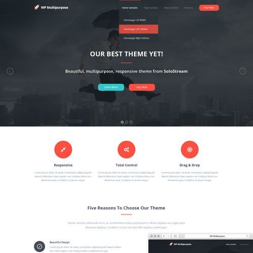 Single page design with the title 'Design a great WordPress theme'
