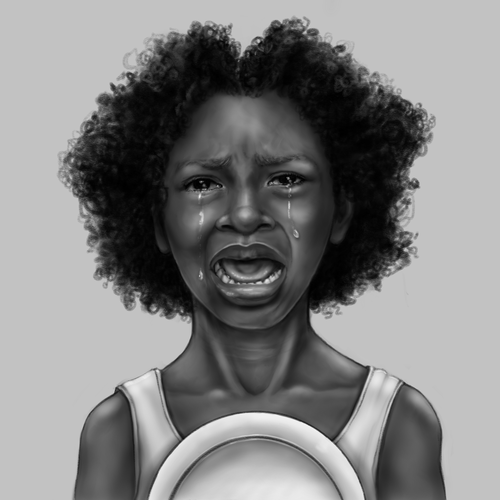 Realistic artwork with the title 'Hungry African Child Illustration'