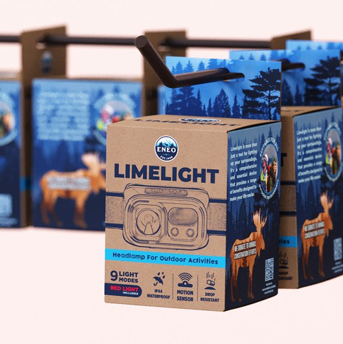 Cardboard packaging with the title 'Packaging Design for a headlamp product'