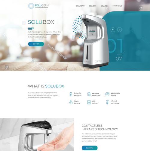 Desktop website with the title 'SOLUGERM is a brand of germicidal solution inlcluding automatic distributor (SOLUBOX) of hydroalcoholic gel and of course Hydroalcoholic gel '