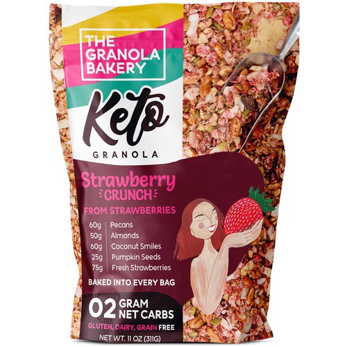 Strawberry packaging with the title 'mascot design for keto products'