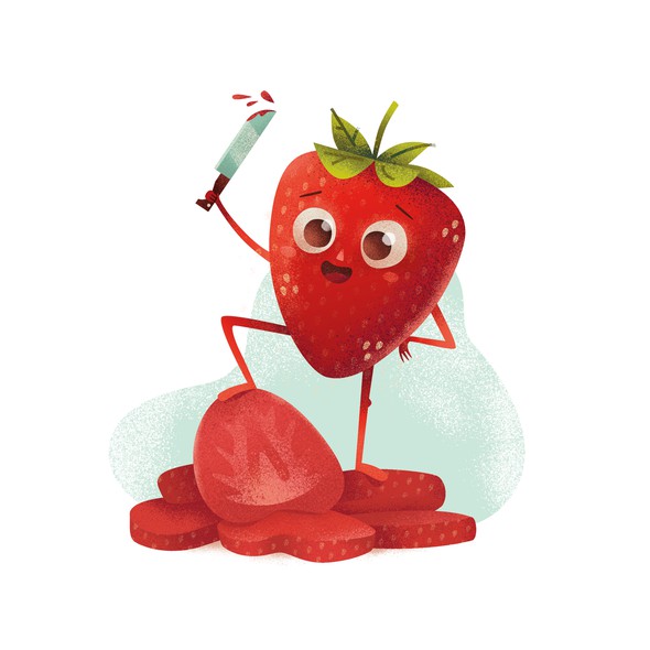 Fruit artwork with the title 'Illustration for a label of freeze-dried strawberries'