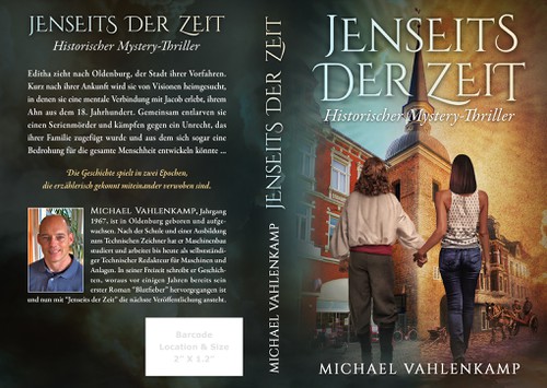 Time design with the title 'Book and ebook cover for a mystical novel "Jenseits der Zeit (Beyond Time)" set half in the present day and half in the 18th century'