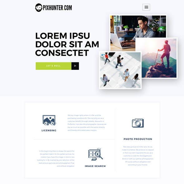 Illustrator website with the title 'PIXHUNTER Research and Licensing of Stockphotography'
