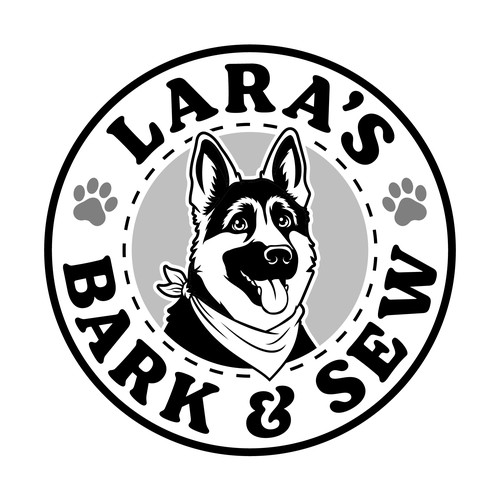 German shepherd logo with the title 'Lara's Bark & Sew'