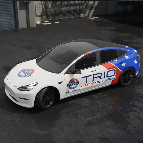 Vehicle graphic design with the title 'TRIO Heating & Air Tesla Model 3 wrap'