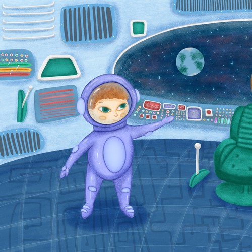 Spaceship illustration with the title 'Concept art for a space travelling story'