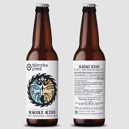 Logo label with the title 'Maori Kiss beer logo/illustration & label design'