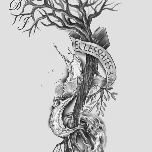 Bible design with the title 'tree full sleeve tattoo concept'