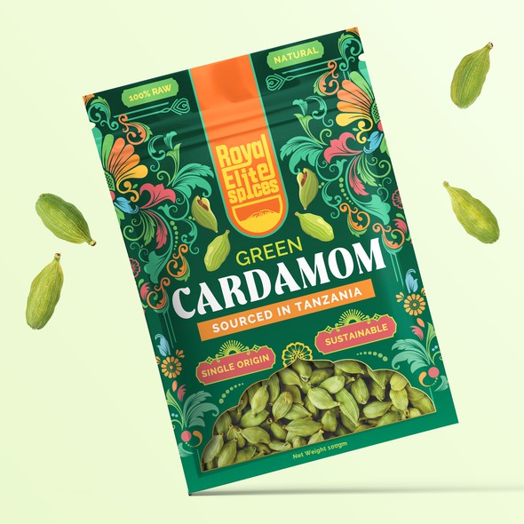 Pouch packaging with the title 'Pouch design for organic cardamon'